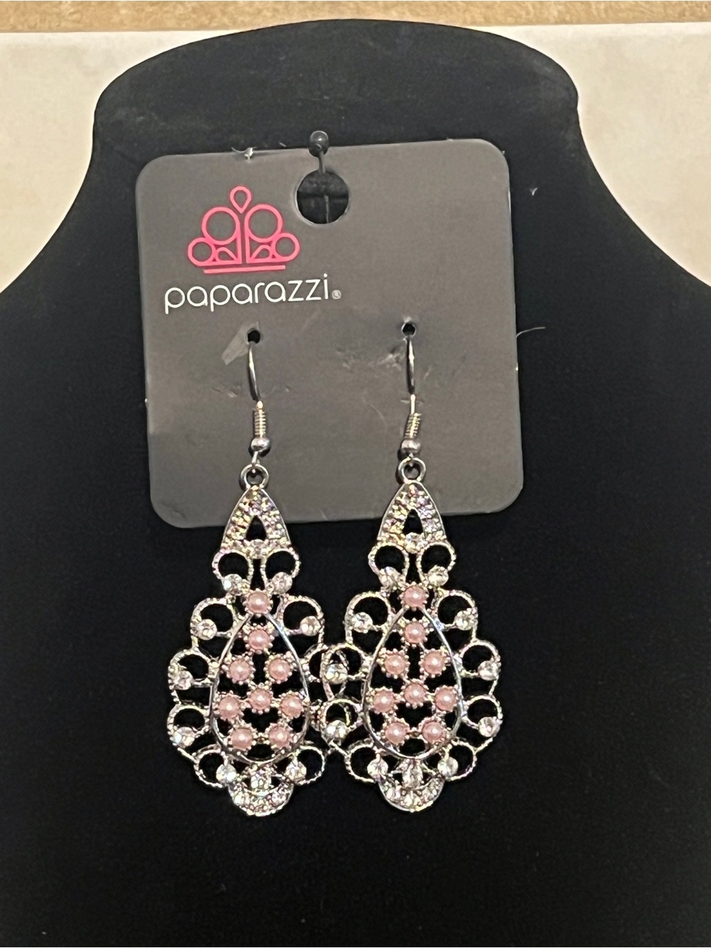 Paparazzi Silver Filigree Teardrop Earrings with Pink Accents